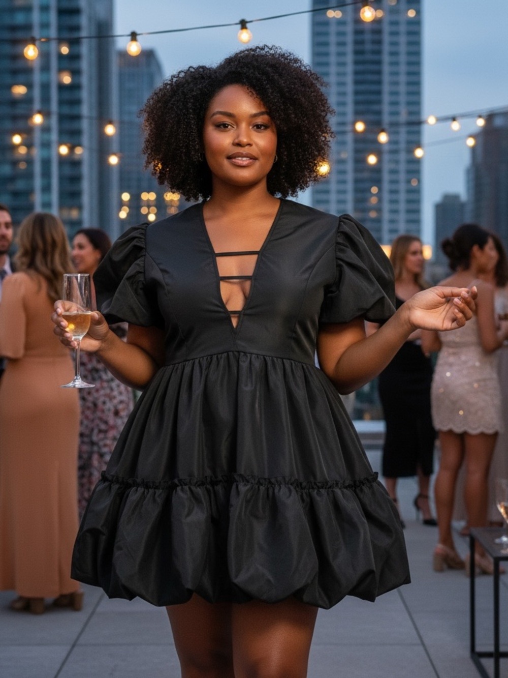 Black Puff-Sleeve V-Neck Tiered Mini Dress with Strappy Detail